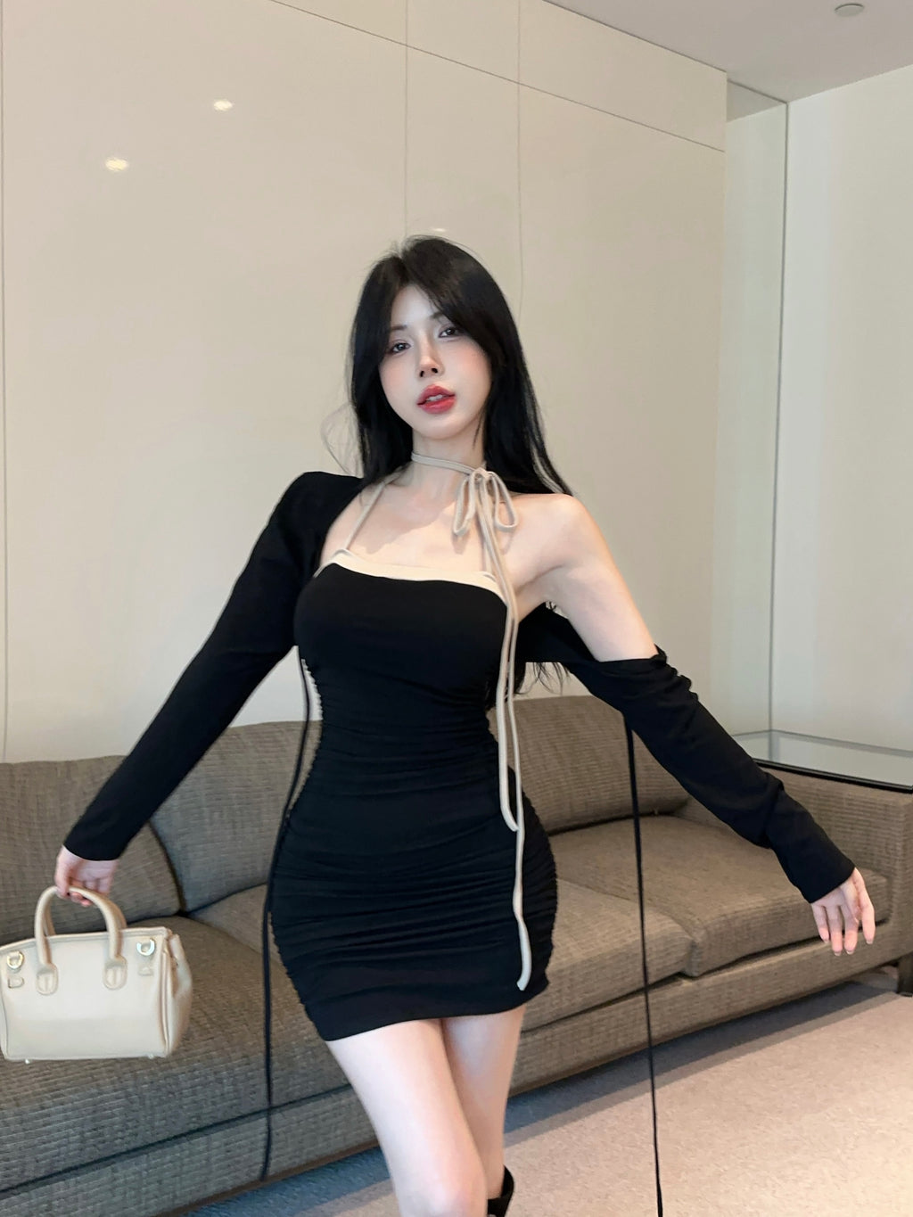 💕拚色系繩多種穿法包臀連身短裙+長袖短款罩衫兩件套