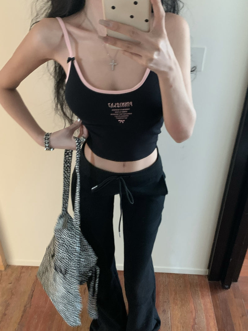 💕辣妹修身顯瘦蝴蝶結字母印花短款吊帶背心上衣