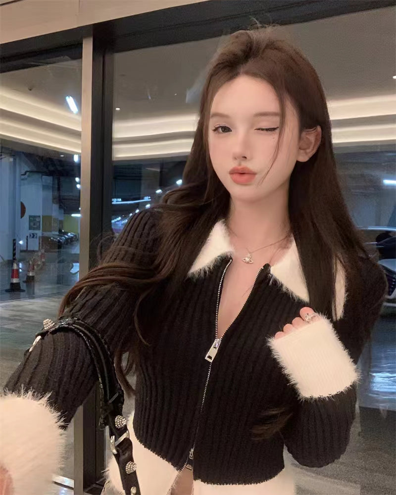 💕氣質短款polo毛毛領針織拉鍊修身上衣