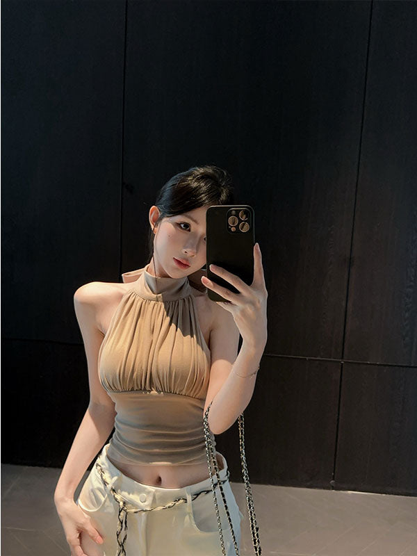 💕掛脖飄帶帶胸墊收腰無袖露肩上衣