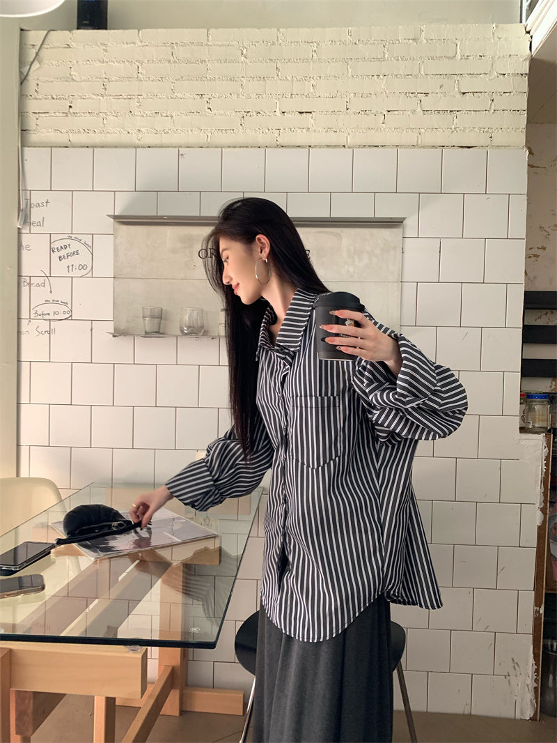 💕休閒條紋口袋襯衫撞色上衣套裝