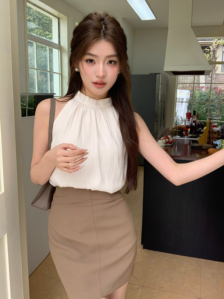 💕夏季溫柔掛脖無袖露肩吊帶背心上衣