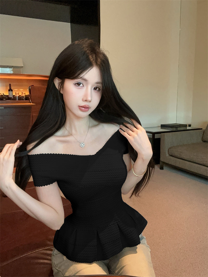 💕一字肩荷葉邊彈力繃帶修身單品上衣