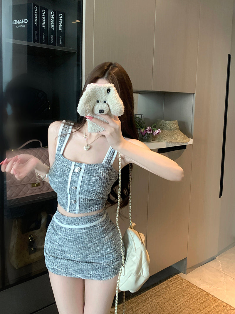 💕高級感氣質名媛小香風上衣+半身裙套裝