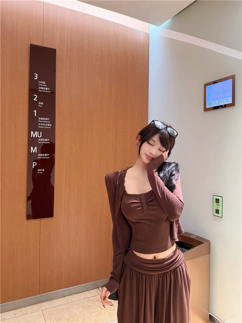 💕秋季復古性感蕾絲掛脖吊帶闊腿長褲套裝