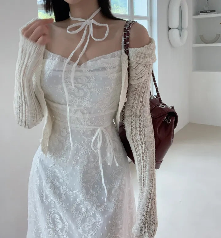 💕ihs系溫柔蕾絲性感露背鬆緊系帶收腰吊帶長裙