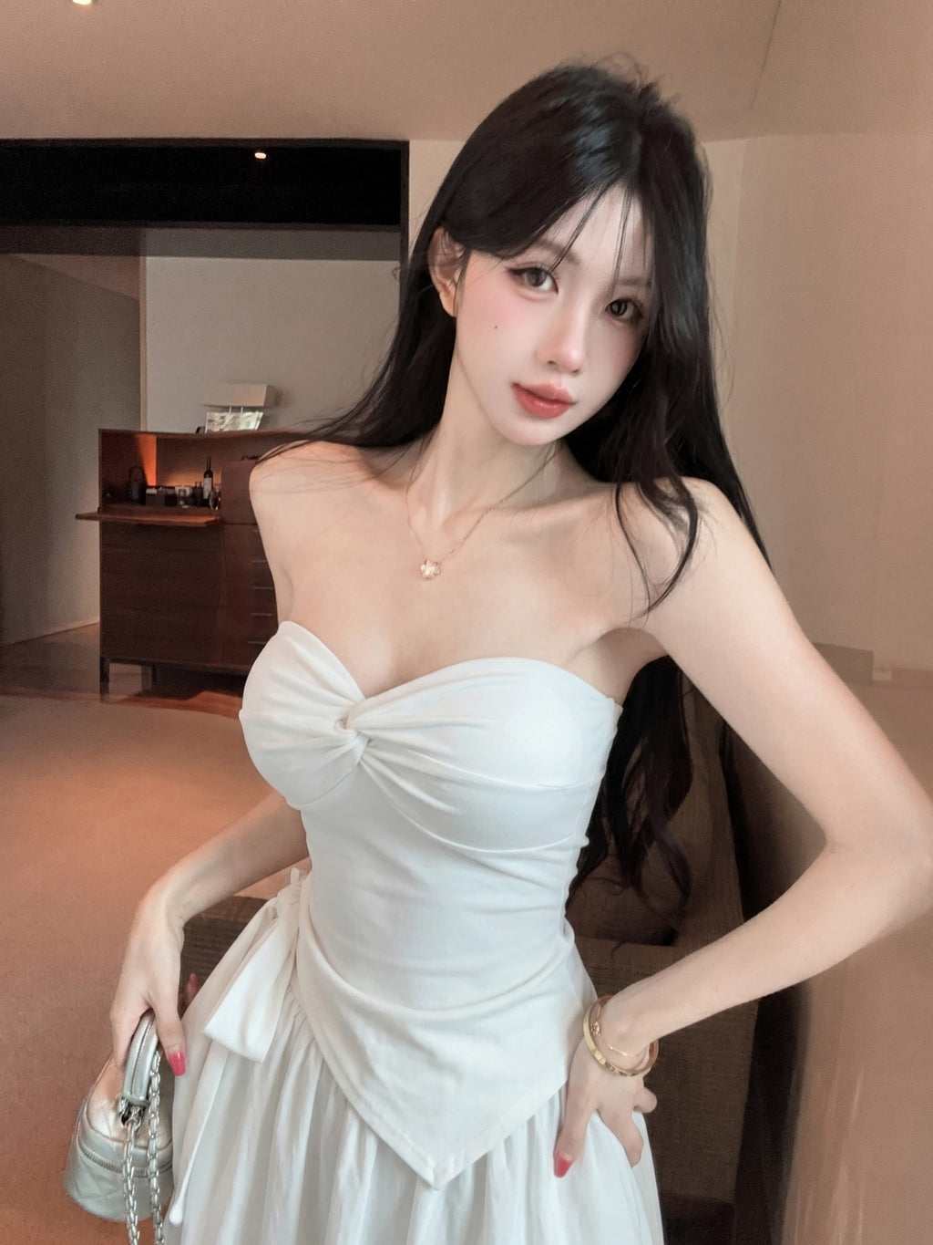 💕氣質帶胸墊不規則下擺系帶扭結兩件套