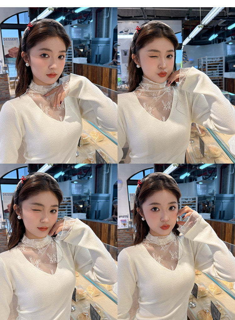 💕白色V領假兩件蕾絲打底衫上衣