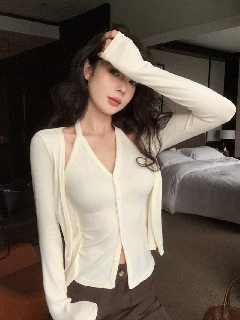 💕秋冬性感吊帶掛脖顯瘦假兩件打底上衣