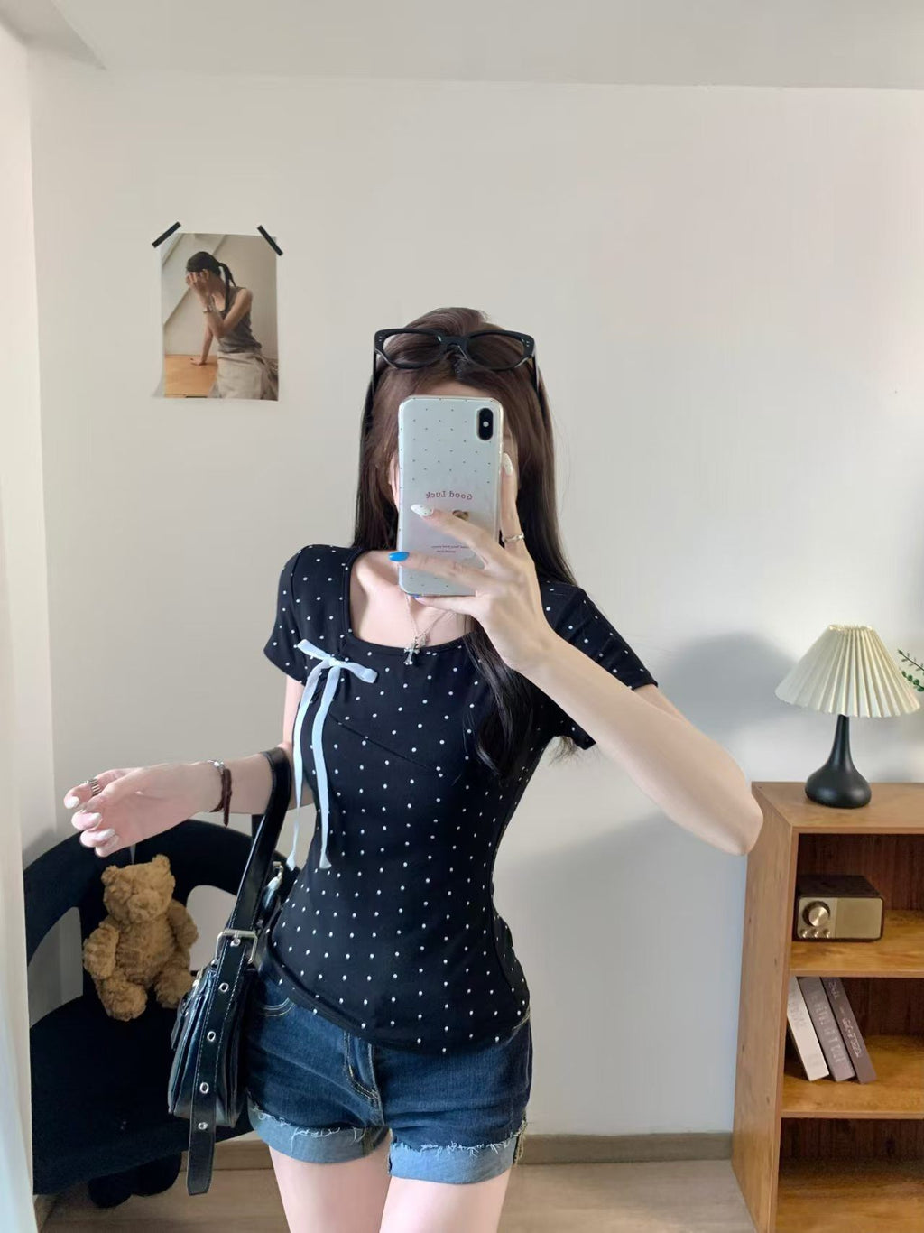 💕簡約百搭休閒帶胸墊蝴蝶結點點正肩上衣