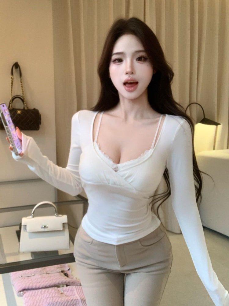 💕辣妹蕾絲拼接假兩件長袖上衣