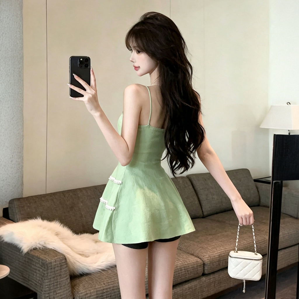 💕溫柔約會無袖吊帶珍珠邊背心上衣