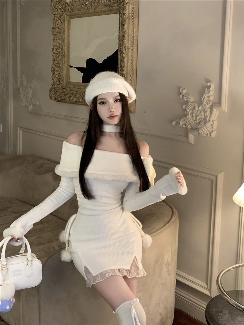 💕法式秋冬聖誕氣息掛脖毛邊包臀短裙