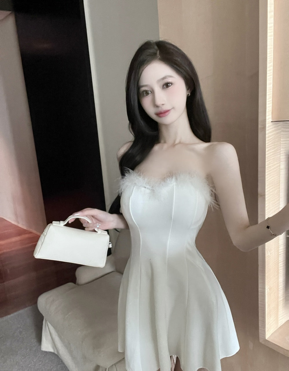💕法式性感毛毛拼接抹胸大擺連衣裙