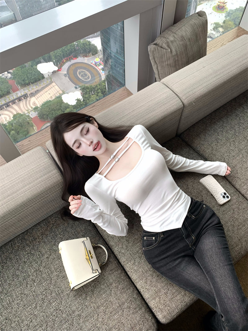 💕氣質設計感褶皺雙條扣低胸上衣