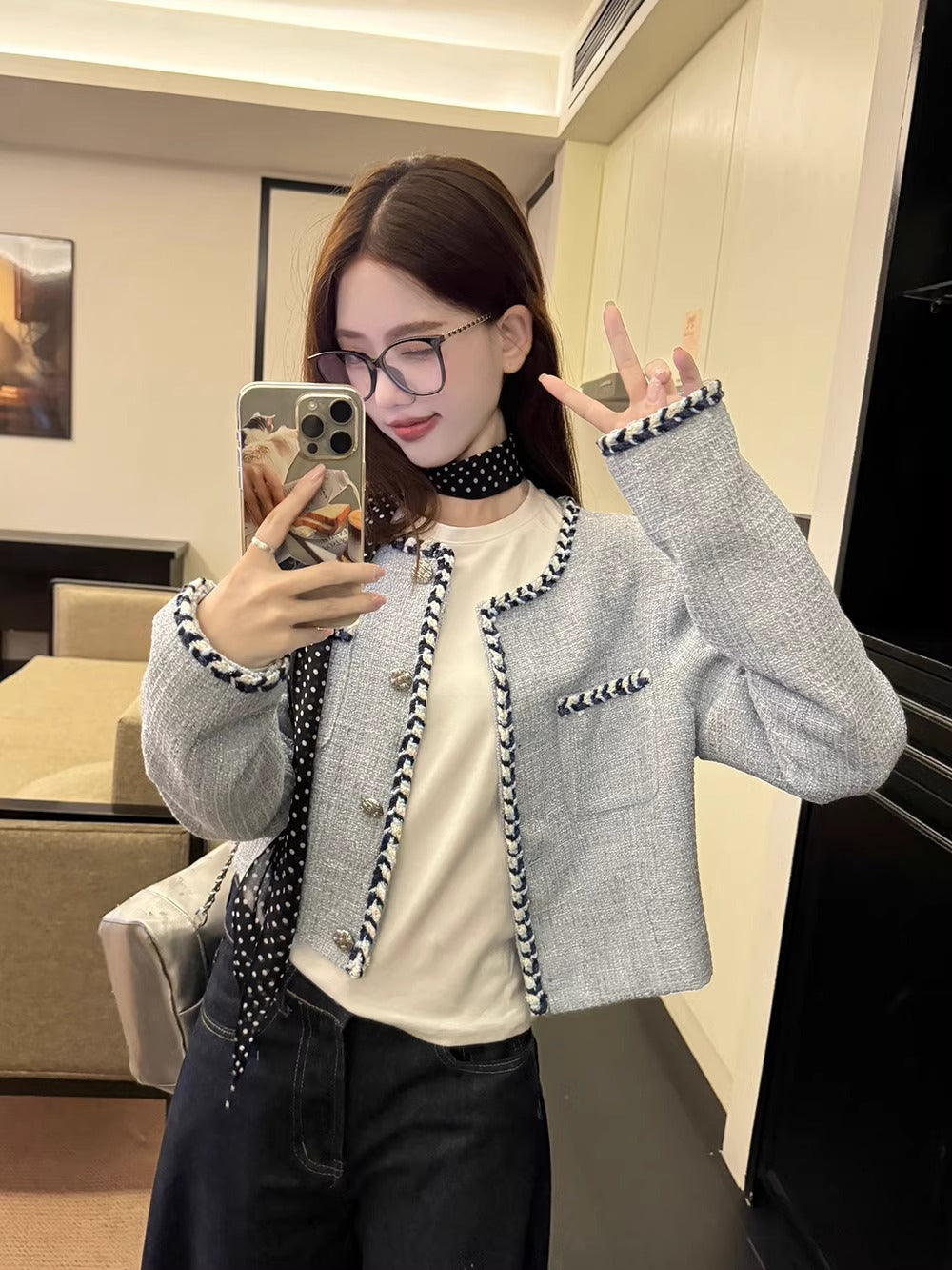💕名媛小香風粗花呢短款長袖精緻外套
