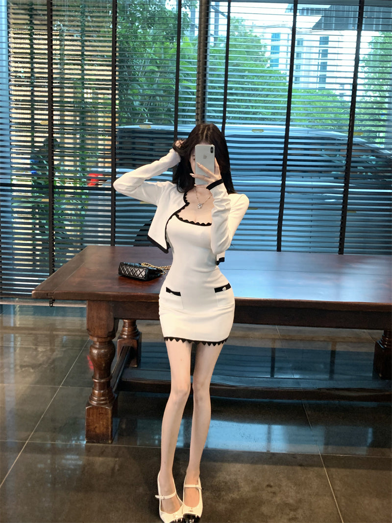 💕波浪邊撞色純欲氣質吊帶裙針織開衫套裝