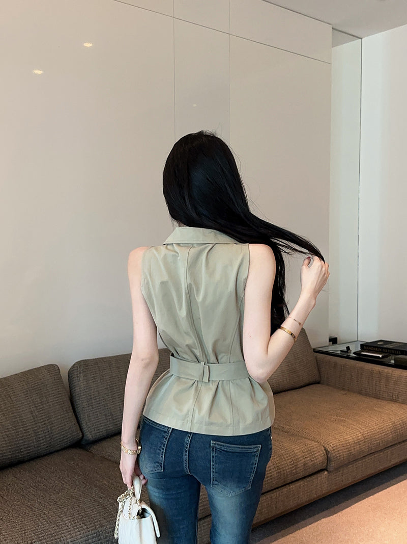 💕重工雙口袋polo領顯瘦馬甲襯衫+腰帶