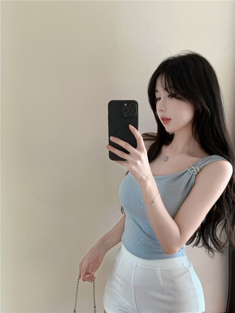 💕chic韓系性感斜肩燙鑽抹胸背心無袖上衣