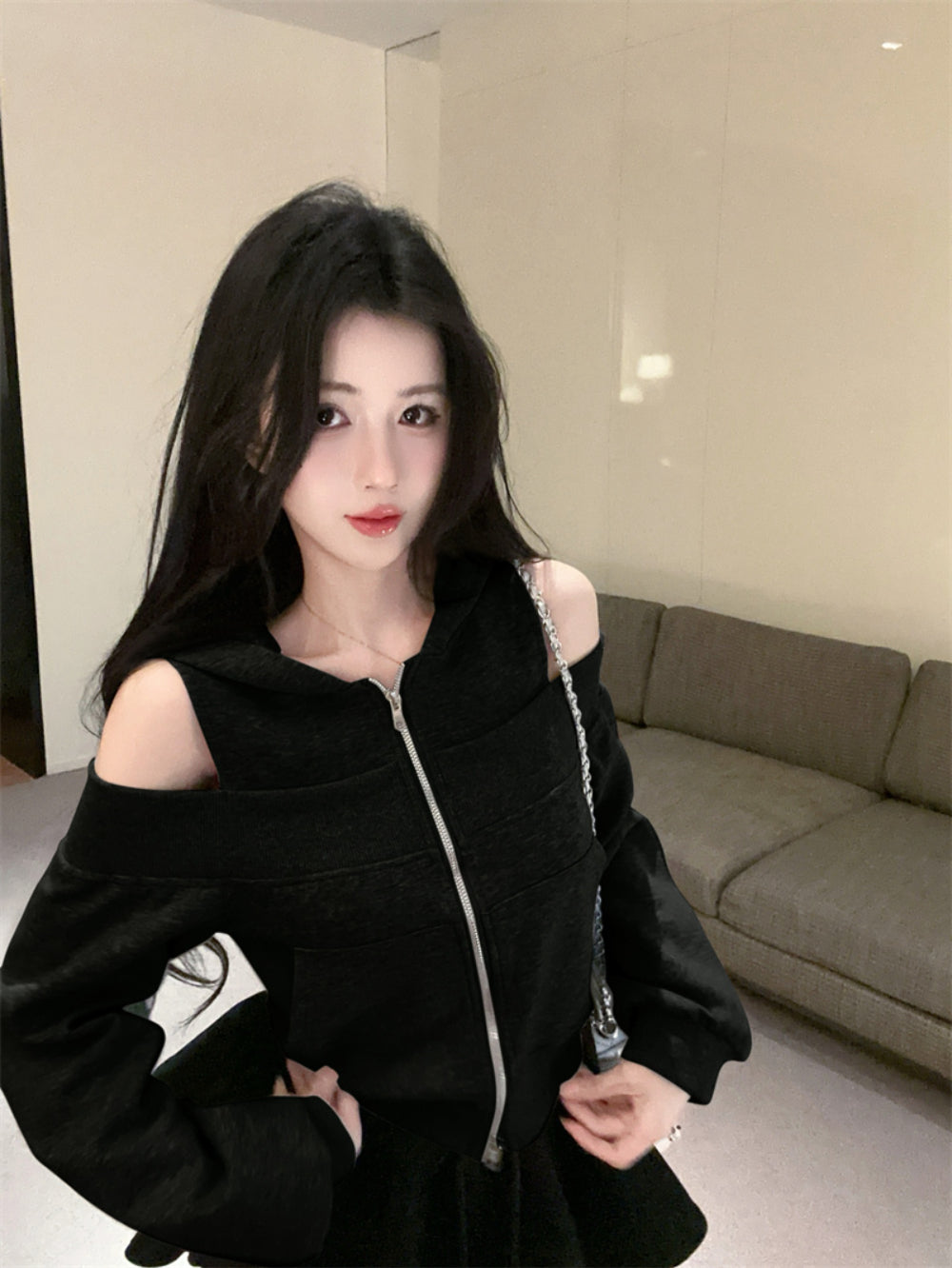 💕韓版個性露肩高檔連帽衛衣外套