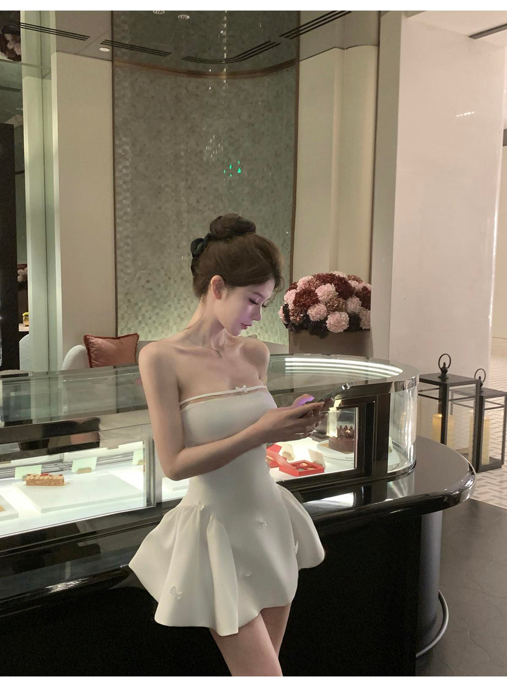 💕簡約氣質名媛緞面抹胸蝴蝶結連身裙