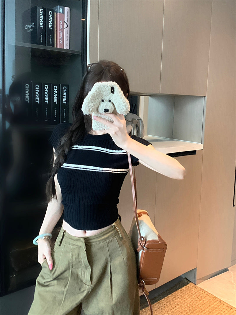 💕撞色條紋短袖針織圓領上衣