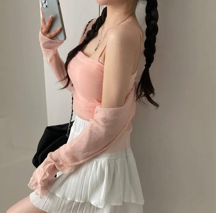 💕春夏防曬長袖雪紡開衫+網紗拼接針織吊帶