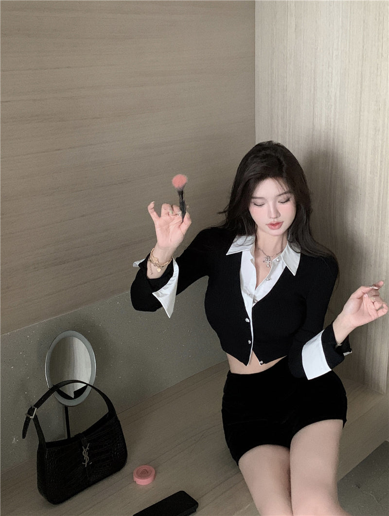 💕純御辣妹修身短款黑色假兩件長袖襯衫