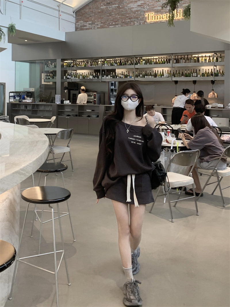 💕休閒簡約百搭一字肩印花長袖衛衣套裝