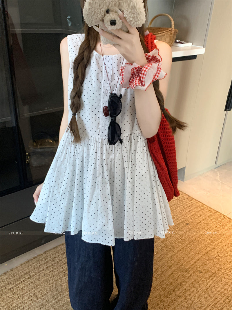 💕溫柔無袖印花蓬蓬背心襯衫