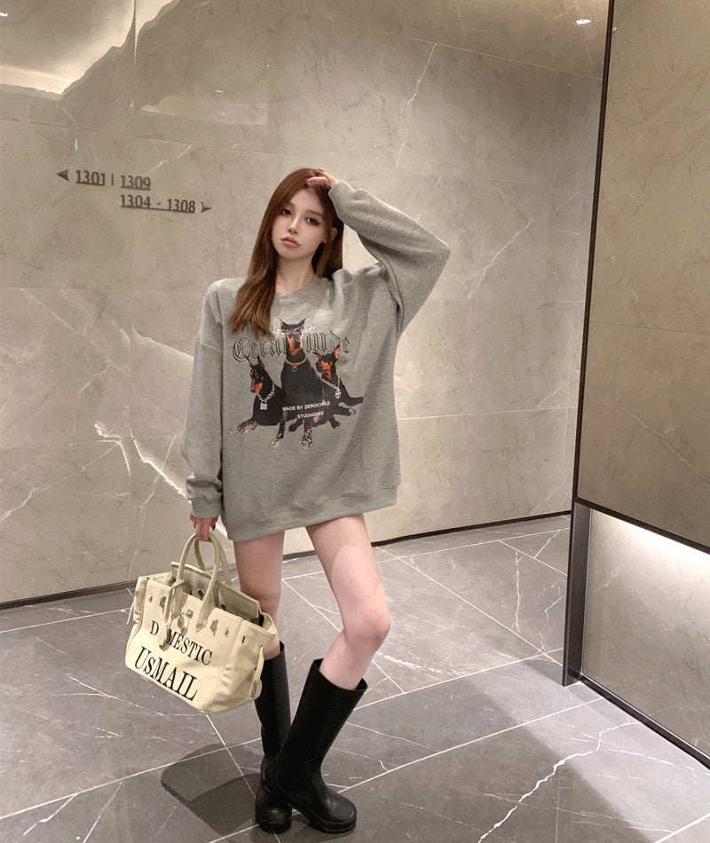 💕美式帥氣杜賓犬印花寬鬆中長衛衣