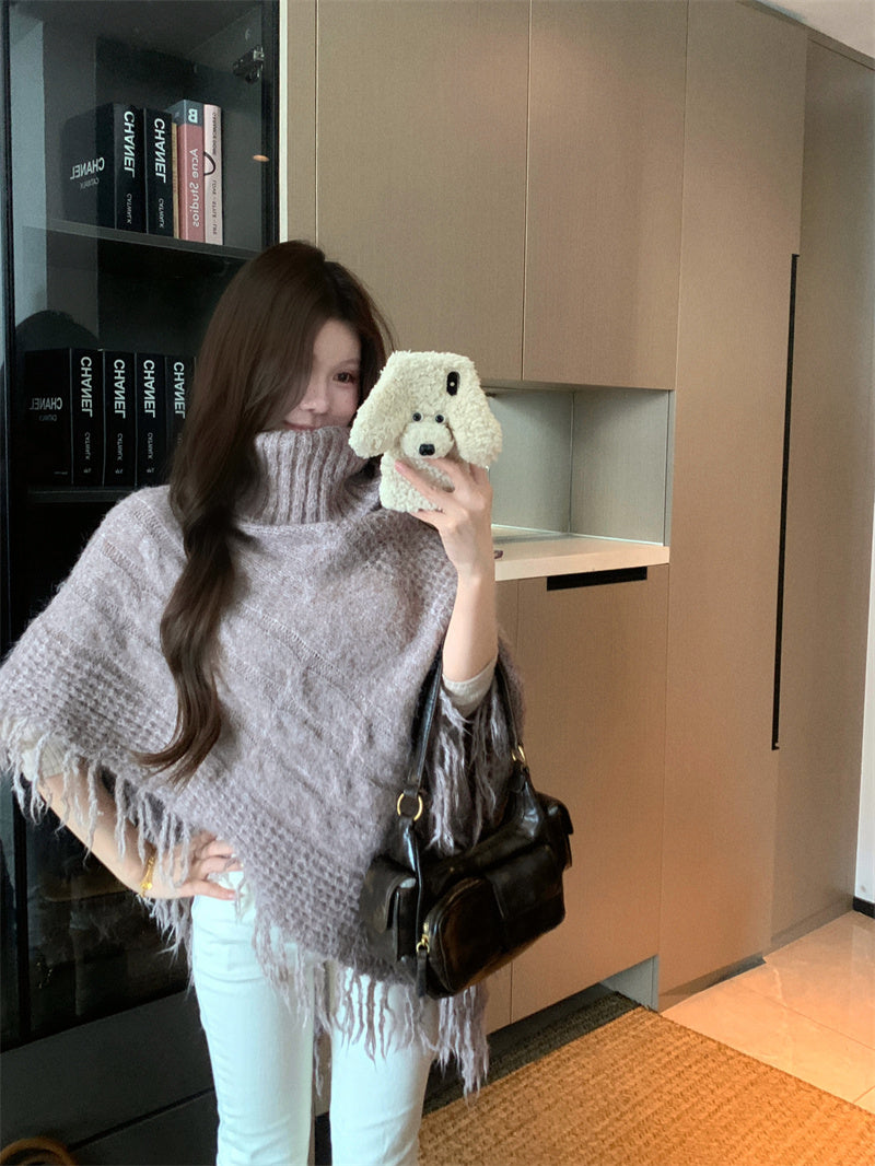 💕法式溫柔斗篷披肩氛圍感高領上衣