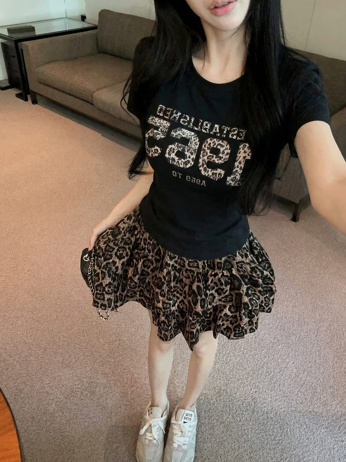 💕夏季豹紋印花圓領百搭短袖上衣
