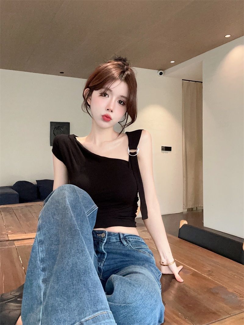 💕不規則斜領露肩露臍短袖上衣