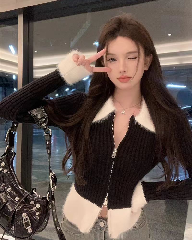 💕氣質短款polo毛毛領針織拉鍊修身上衣