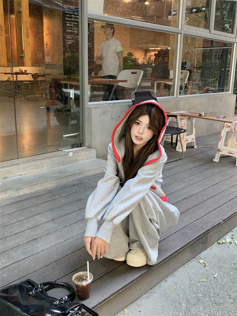 💕韓系個性設計感灰色長袖顯瘦休閒褲套裝