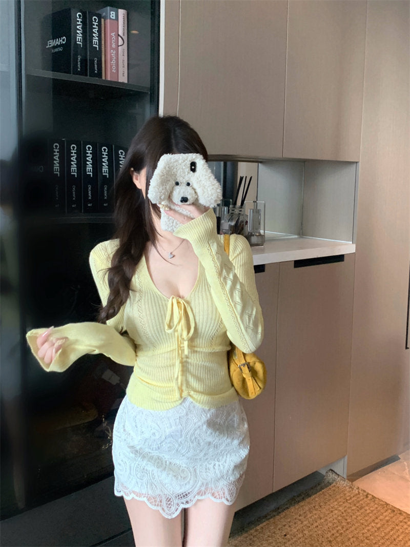 💕百搭簡約蝴蝶結系帶V領長袖針織顯瘦上衣