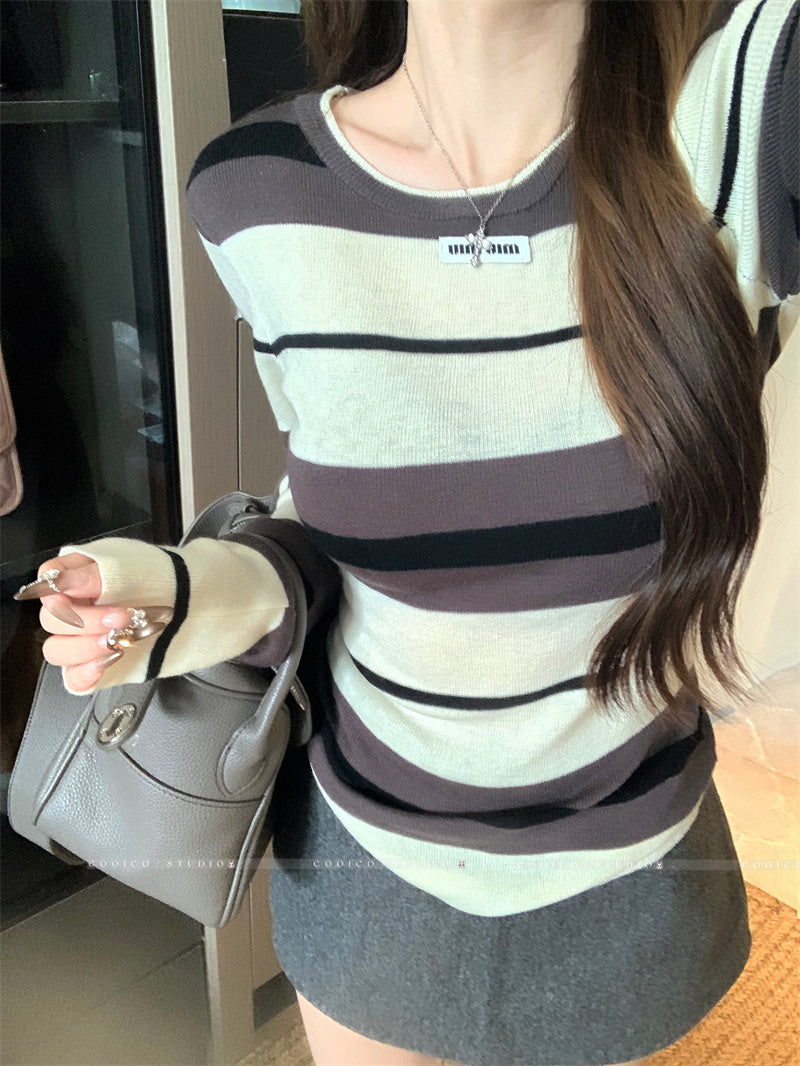 💕簡約休閒不規則條紋針織打底上衣