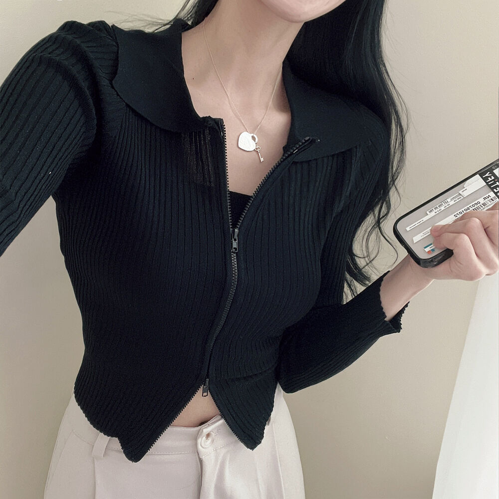 💕日系polo翻領雙拉鍊顯瘦長袖針織衫