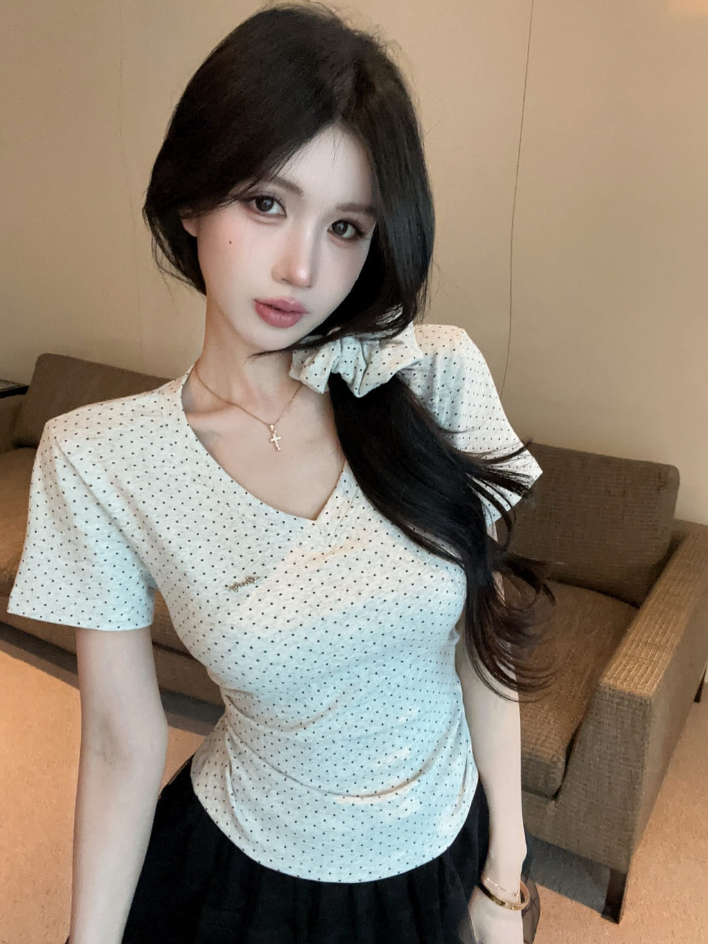 💕氣質星星點點V領短袖上衣