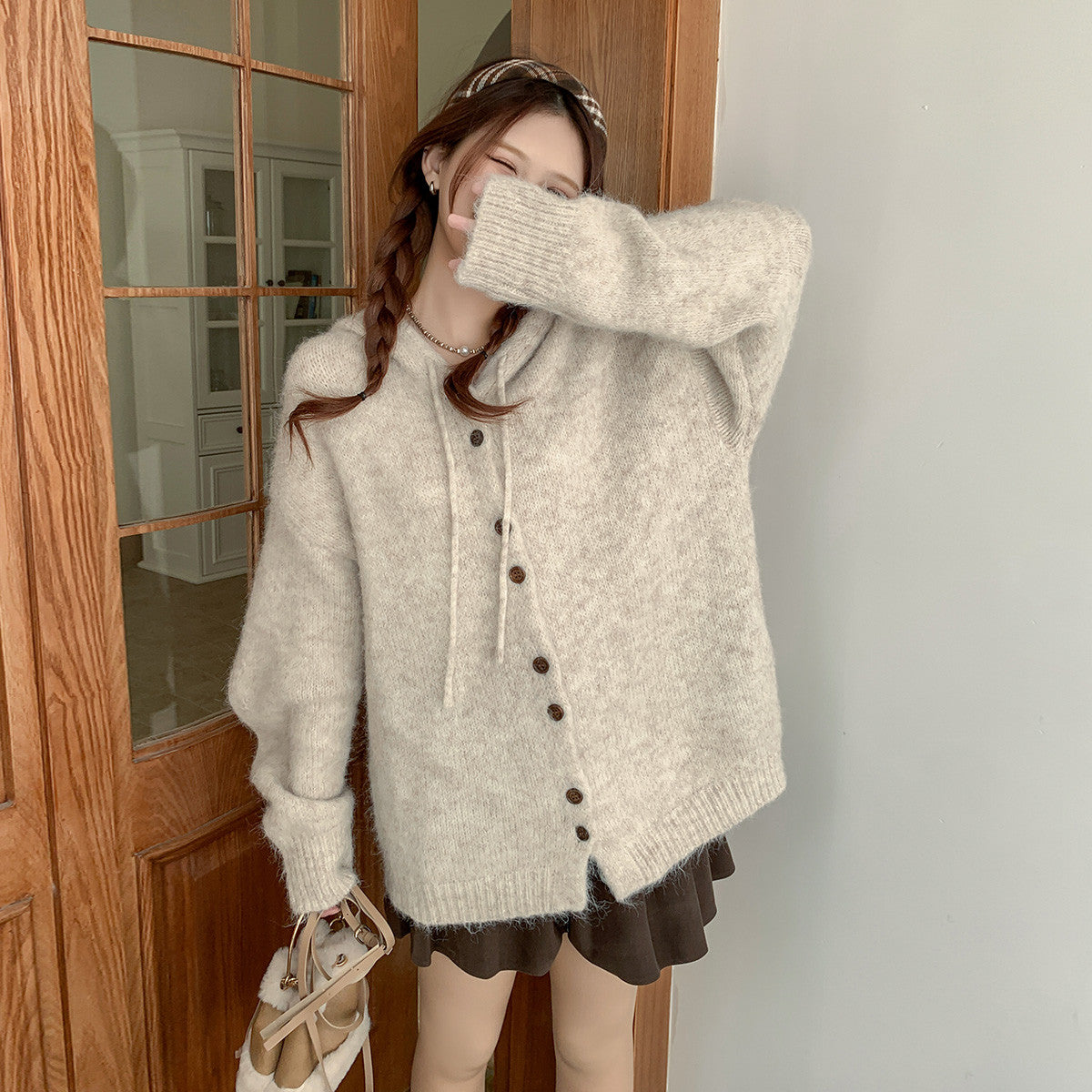 💕chic韓系溫柔軟糯連帽寬鬆甜美針織上衣外套