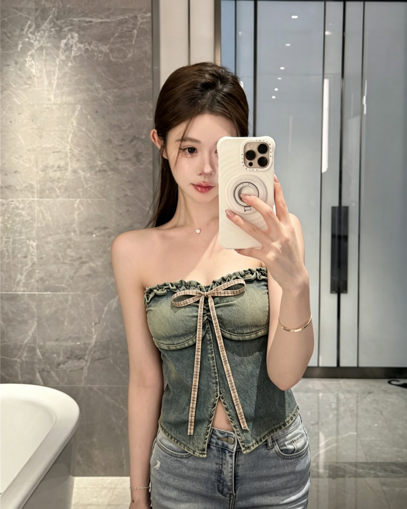 💕不規則蝴蝶結牛仔一字肩抹胸上衣