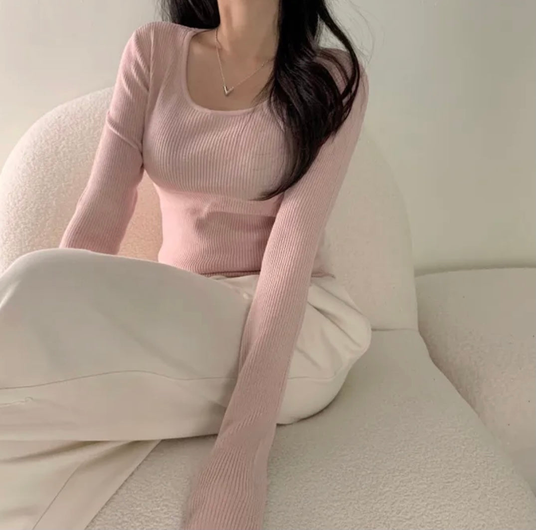 💕韓系chic長袖修身親膚針織打底百搭顯瘦上衣