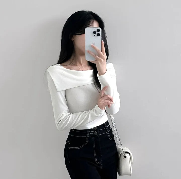 💕chic秋季長袖打底小心機露鎖骨上衣