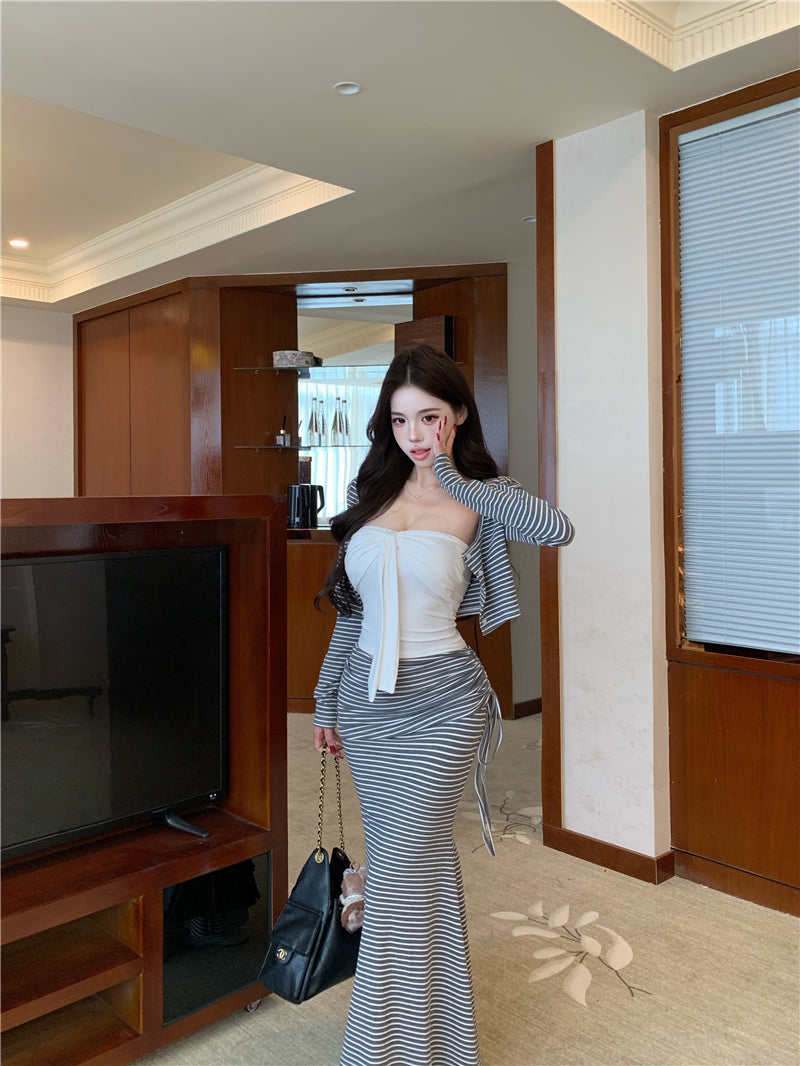 💕氣質純欲短款吊帶高腰條紋三件套