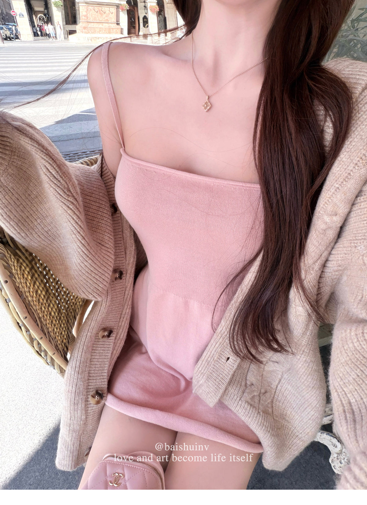 💕chic韓系溫柔慵懶連帽針織開衫吊帶裙兩件套