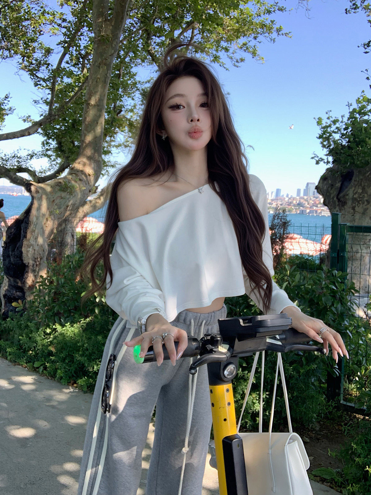 💕氣質通勤寬鬆露肩休閒褲兩件套