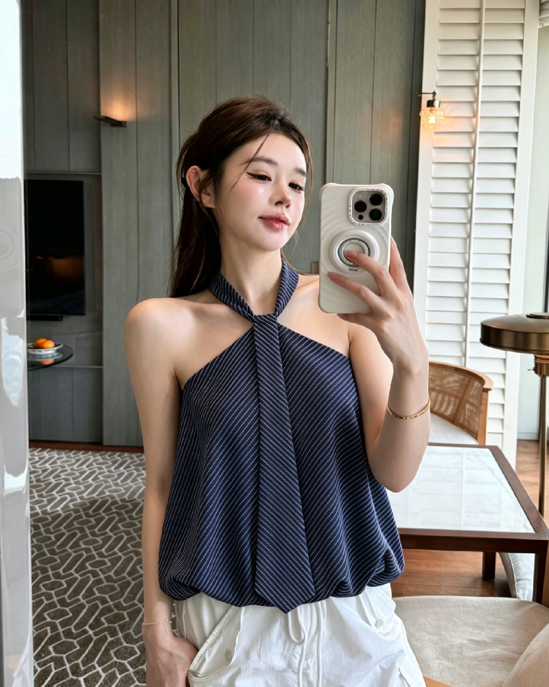 💕氣質掛脖黑白條紋抹胸花苞無袖上衣