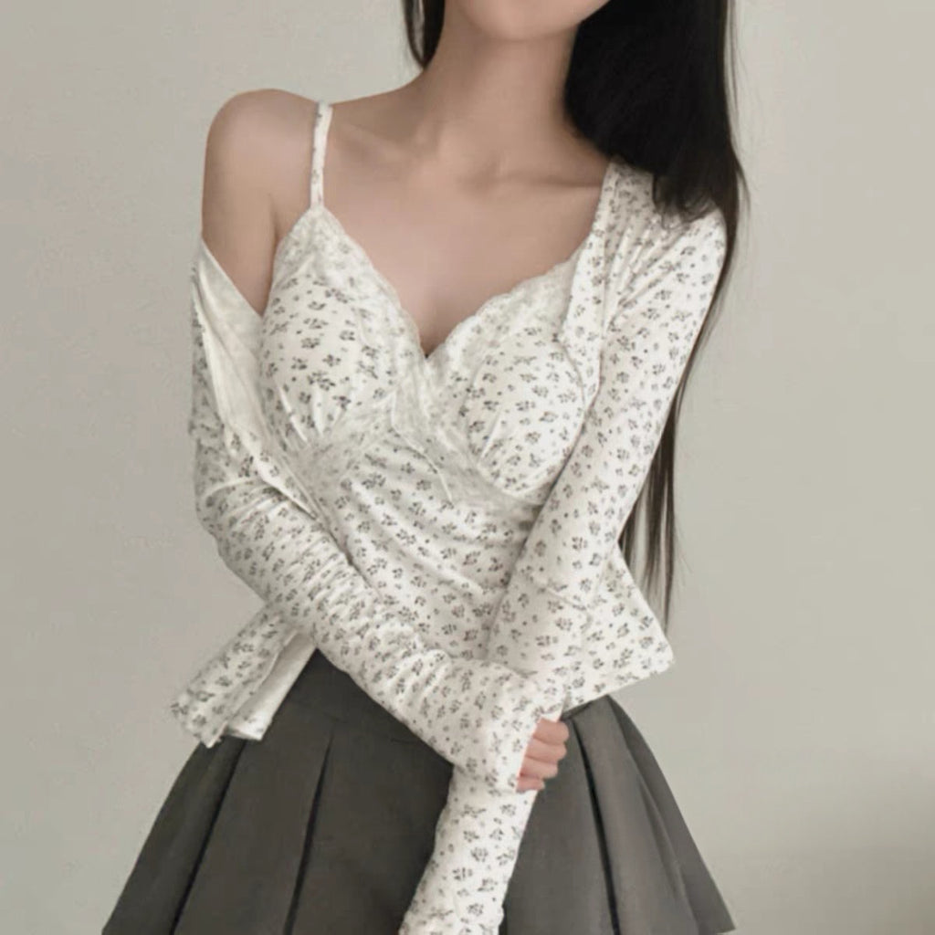 💕溫柔清純碎花蕾絲拼接吊帶上衣