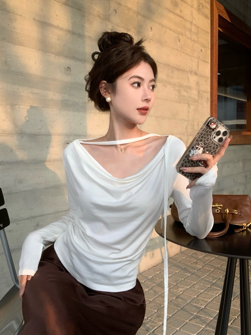 💕春夏甜美溫柔舒適盪領飄帶長袖上衣